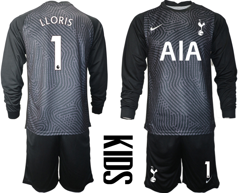 2021 Tottenham Hotspur black youth long sleeve goalkeeper #1 soccer jerseys->youth soccer jersey->Youth Jersey